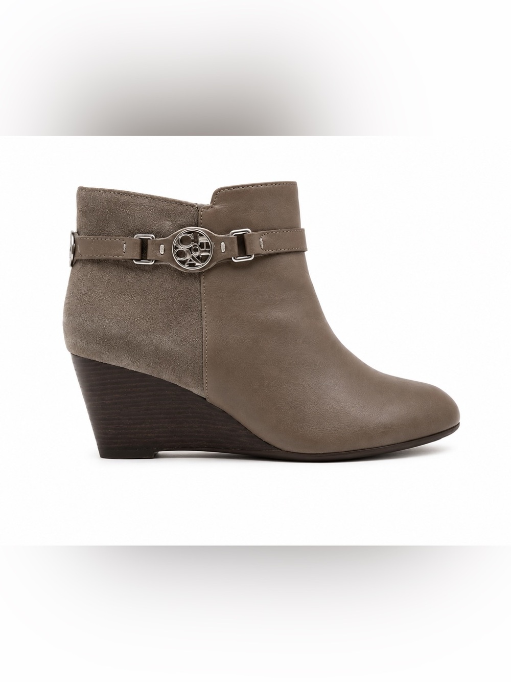 Coach Taupe Wedge Ankle Boot with Logo Buckle SW